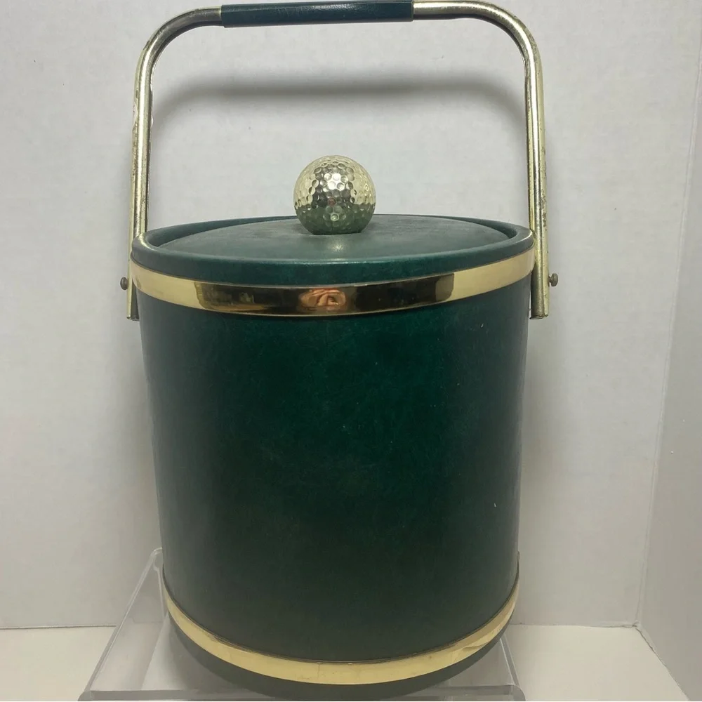 Vintage Green Faux Leather Golf Retro Regency Style Ice Bucket